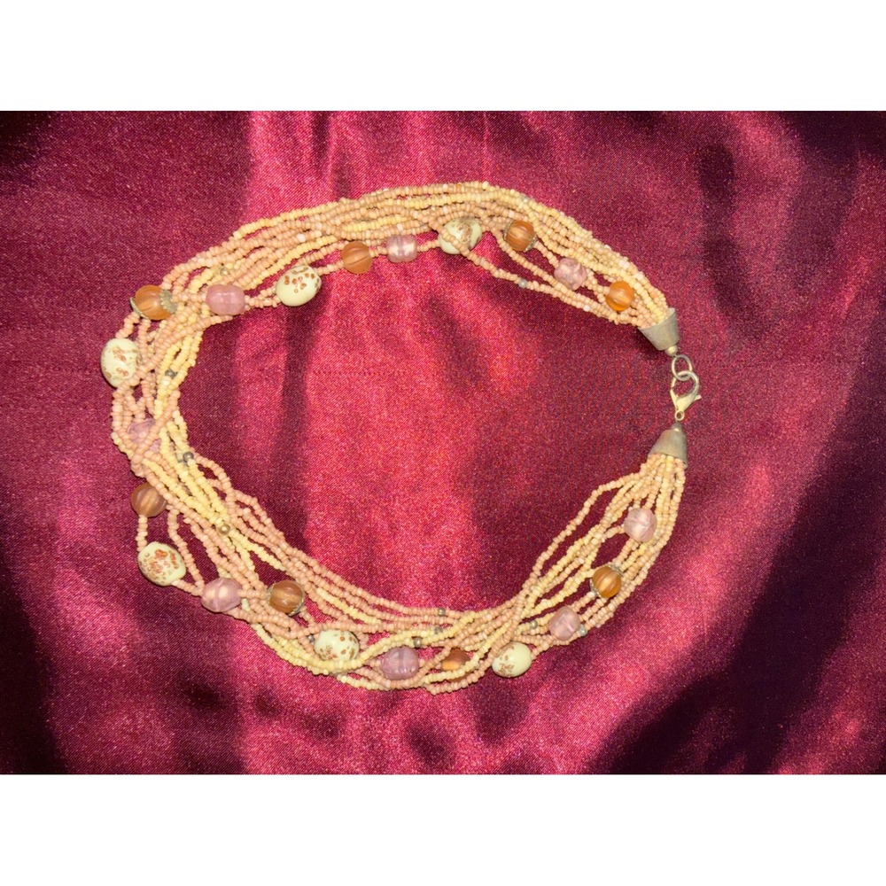 Vintage Multi Strand Seed Bead Necklace Peach Cream Amber Glass Boho Statement